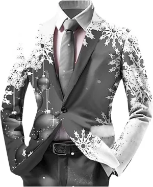 Mens Christmas Blazer Ugly Jacket Lightweight Xmas Snowflake Printed One Button Business Office Jacket Work Blazers