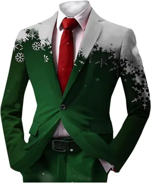 Mens Christmas Blazer Ugly Jacket Lightweight Xmas Snowflake Printed One Button Business Office Jacket Work Blazers