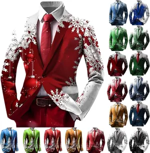 Mens Christmas Blazer Ugly Jacket Lightweight Xmas Snowflake Printed One Button Business Office Jacket Work Blazers