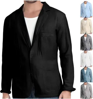 Mens Cotton Linen Blazer Button Down Casual Lightweight Classic Loose Tops Business Outdoor Sport Coat with Pockets