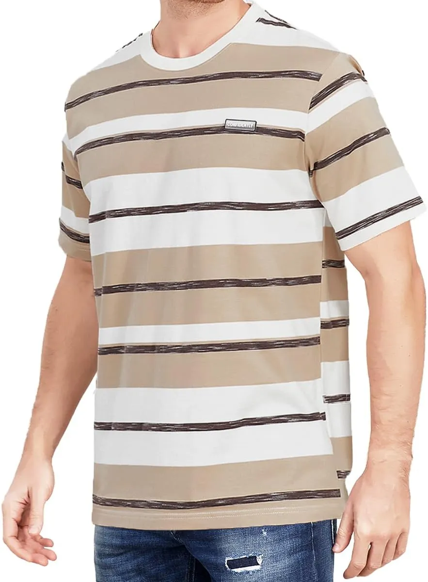 Men's Crew Neck Stripe T-Shirt Loose Short Sleeved Cotton T-Shirt