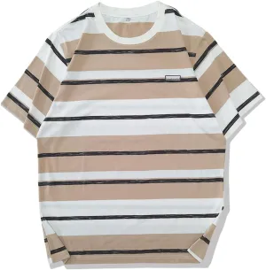 Men's Crew Neck Stripe T-Shirt Loose Short Sleeved Cotton T-Shirt