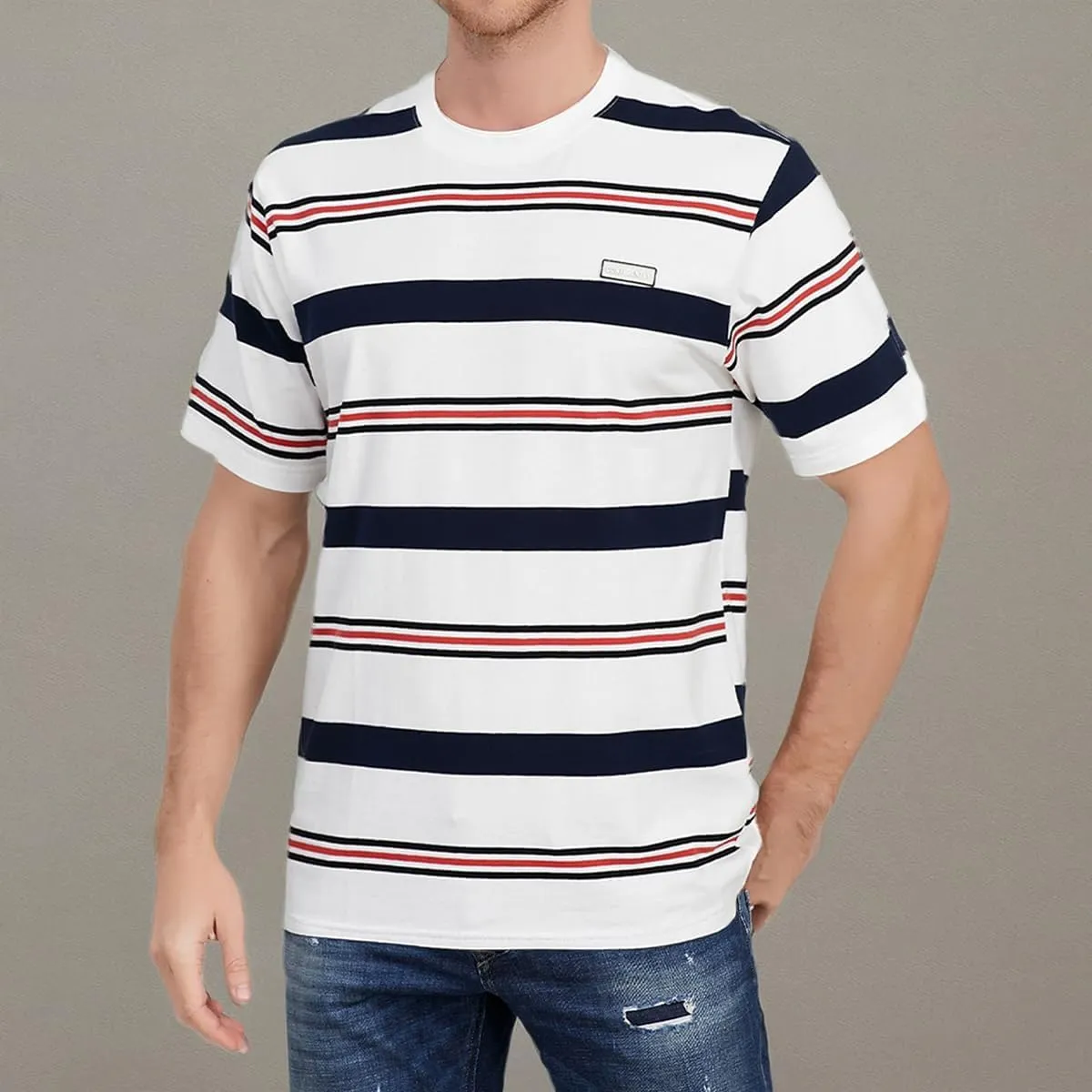 Men's Crew Neck Stripe T-Shirt Loose Short Sleeved Cotton T-Shirt