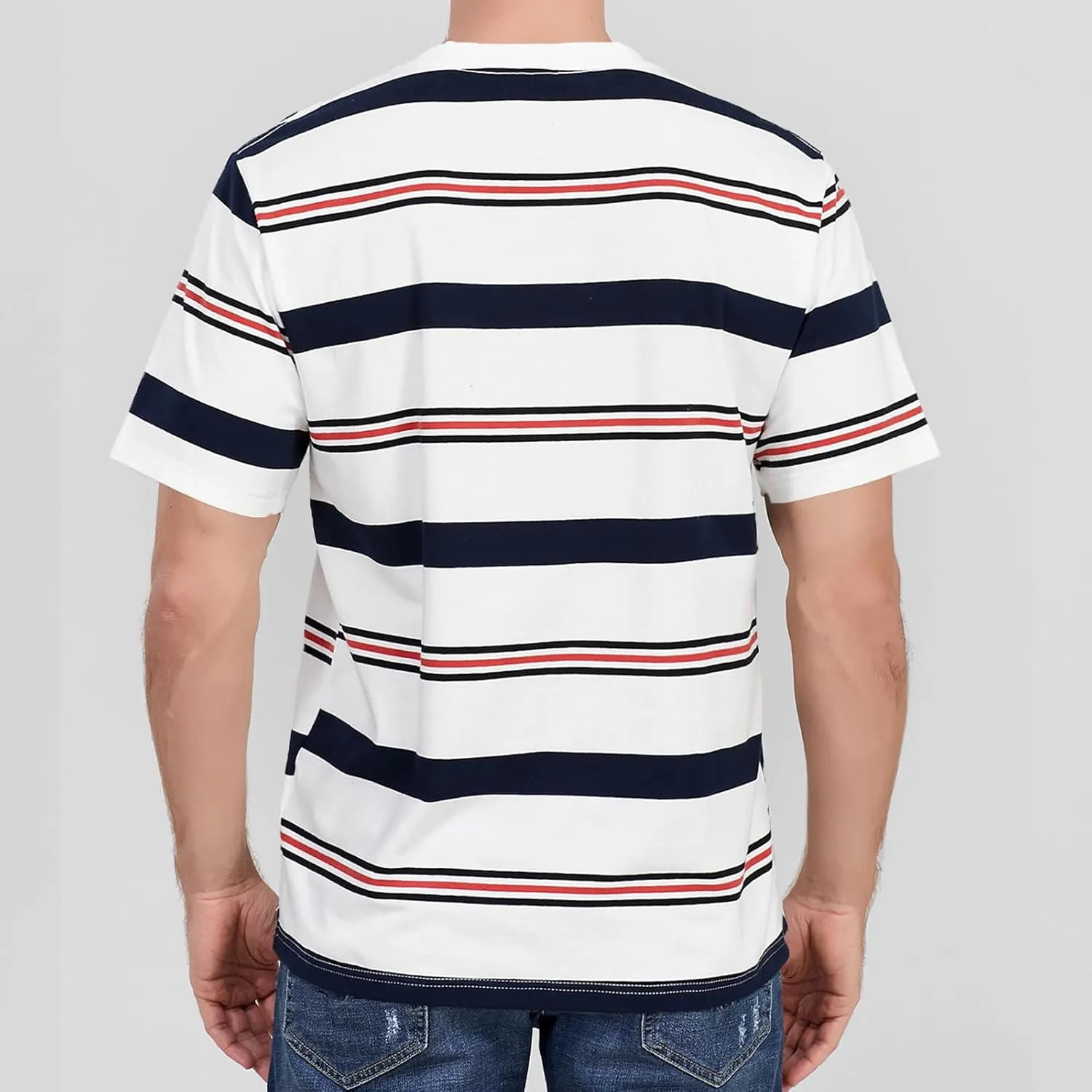Men's Crew Neck Stripe T-Shirt Loose Short Sleeved Cotton T-Shirt