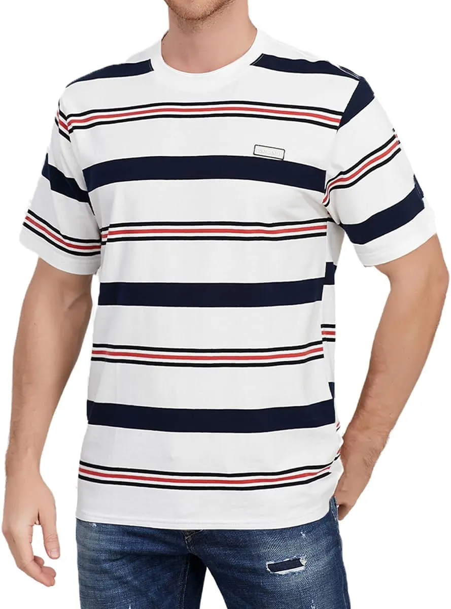 Men's Crew Neck Stripe T-Shirt Loose Short Sleeved Cotton T-Shirt
