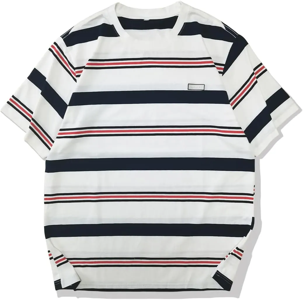 Men's Crew Neck Stripe T-Shirt Loose Short Sleeved Cotton T-Shirt