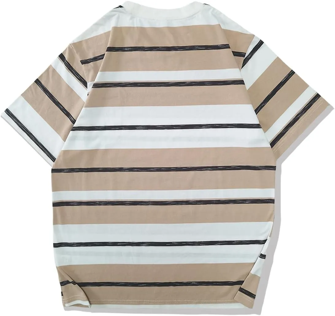 Men's Crew Neck Stripe T-Shirt Loose Short Sleeved Cotton T-Shirt