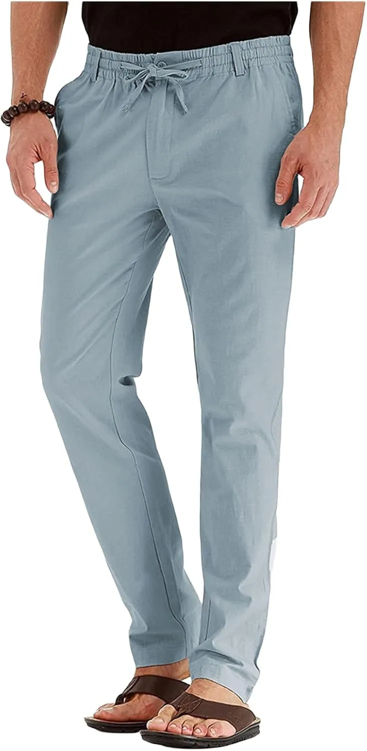 Men's Drawstring Linen Pants Business Casual Work Pant Breathable Lightweight Sweatpants Baggy Slacks Summer Trouser