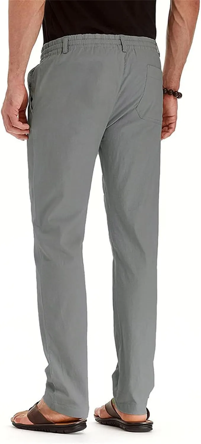 Men's Drawstring Linen Pants Business Casual Work Pant Breathable Lightweight Sweatpants Baggy Slacks Summer Trouser