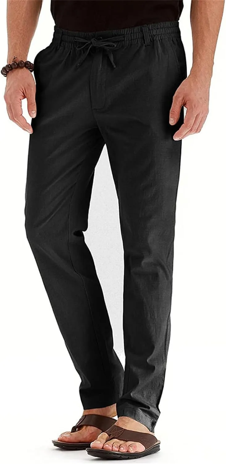 Men's Drawstring Linen Pants Business Casual Work Pant Breathable Lightweight Sweatpants Baggy Slacks Summer Trouser