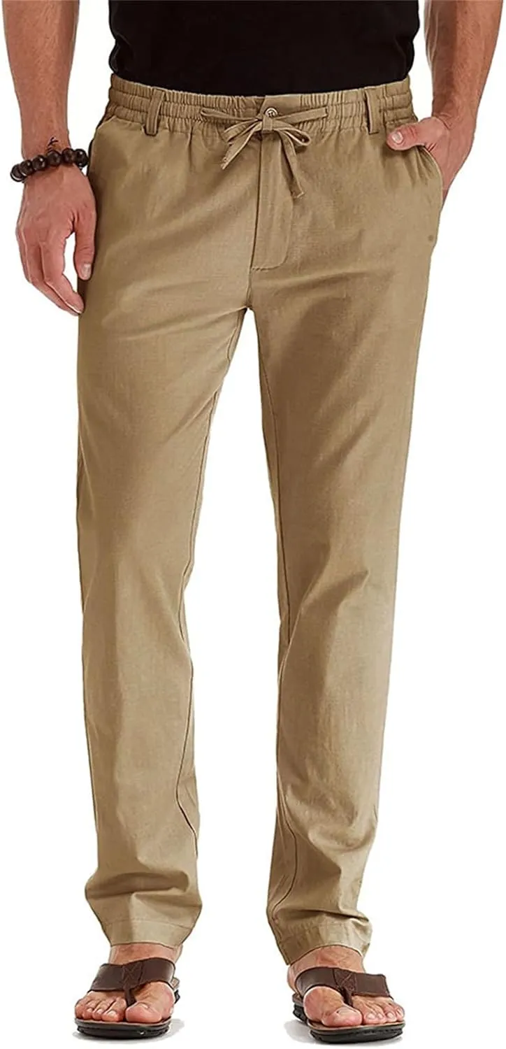 Men's Drawstring Linen Pants Business Casual Work Pant Breathable Lightweight Sweatpants Baggy Slacks Summer Trouser