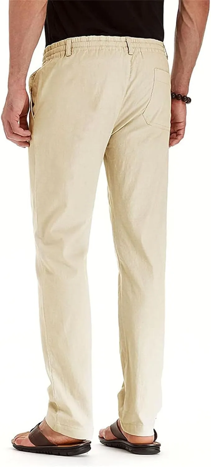 Men's Drawstring Linen Pants Business Casual Work Pant Breathable Lightweight Sweatpants Baggy Slacks Summer Trouser