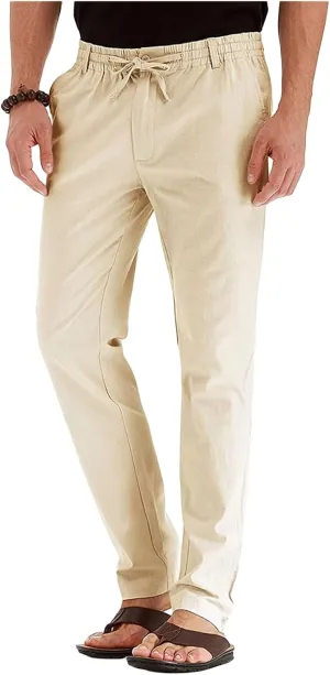 Men's Drawstring Linen Pants Business Casual Work Pant Breathable Lightweight Sweatpants Baggy Slacks Summer Trouser
