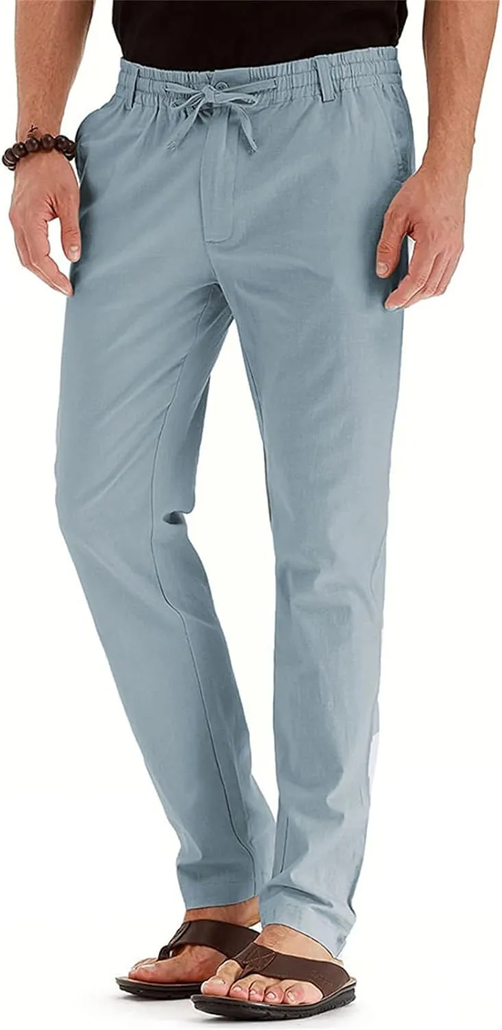 Men's Drawstring Linen Pants Business Casual Work Pant Breathable Lightweight Sweatpants Baggy Slacks Summer Trouser