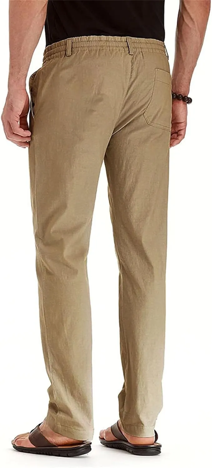 Men's Drawstring Linen Pants Business Casual Work Pant Breathable Lightweight Sweatpants Baggy Slacks Summer Trouser