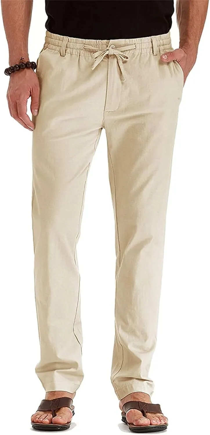 Men's Drawstring Linen Pants Business Casual Work Pant Breathable Lightweight Sweatpants Baggy Slacks Summer Trouser