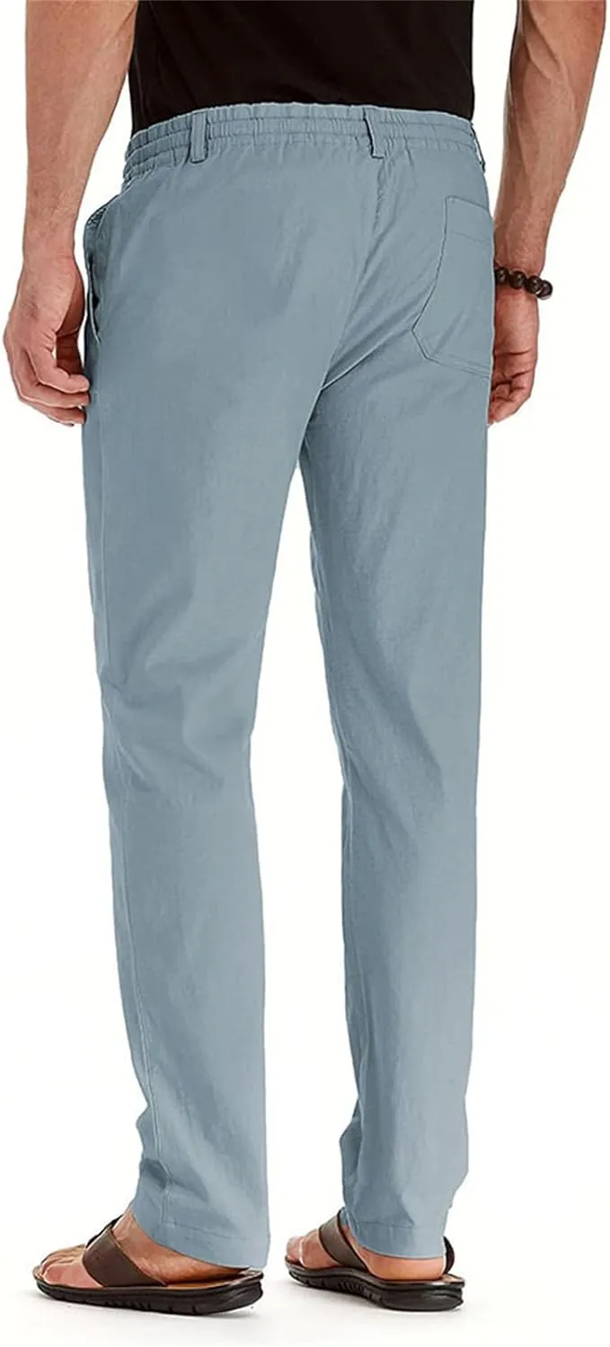 Men's Drawstring Linen Pants Business Casual Work Pant Breathable Lightweight Sweatpants Baggy Slacks Summer Trouser
