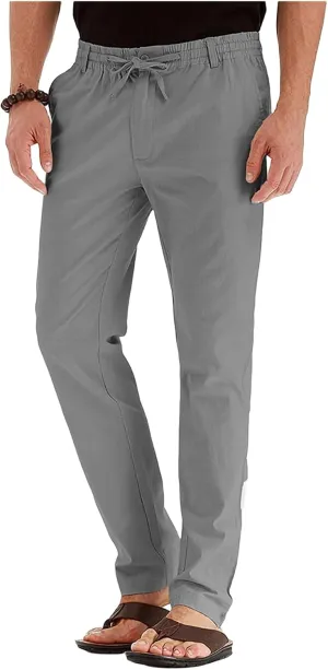 Men's Drawstring Linen Pants Business Casual Work Pant Breathable Lightweight Sweatpants Baggy Slacks Summer Trouser