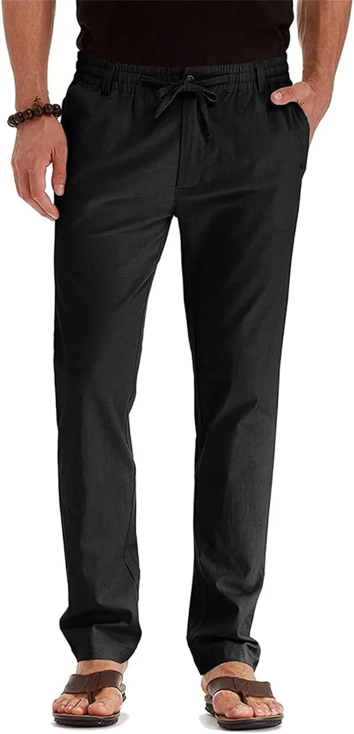 Men's Drawstring Linen Pants Business Casual Work Pant Breathable Lightweight Sweatpants Baggy Slacks Summer Trouser