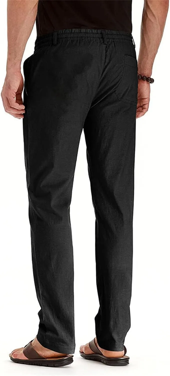 Men's Drawstring Linen Pants Business Casual Work Pant Breathable Lightweight Sweatpants Baggy Slacks Summer Trouser