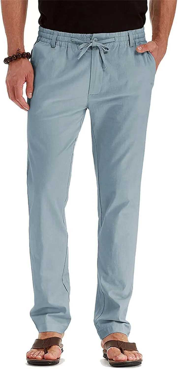 Men's Drawstring Linen Pants Business Casual Work Pant Breathable Lightweight Sweatpants Baggy Slacks Summer Trouser