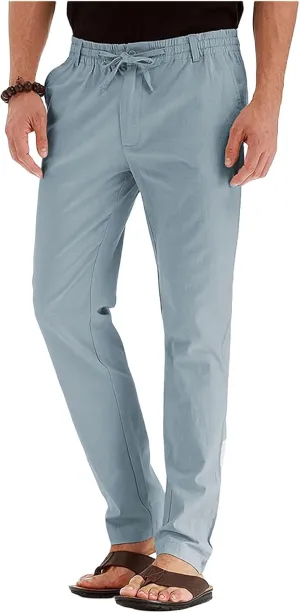 Men's Drawstring Linen Pants Business Casual Work Pant Breathable Lightweight Sweatpants Baggy Slacks Summer Trouser
