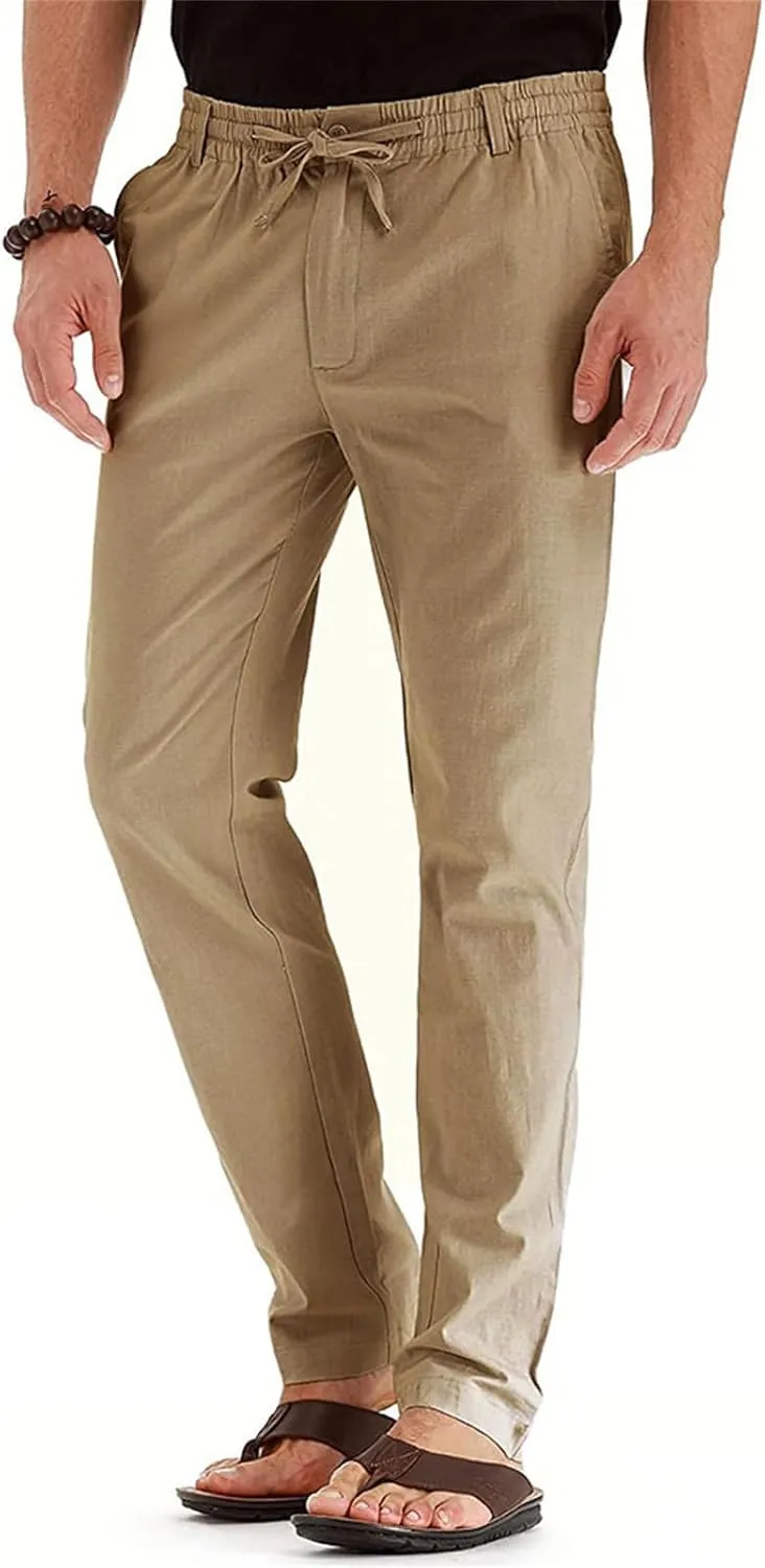 Men's Drawstring Linen Pants Business Casual Work Pant Breathable Lightweight Sweatpants Baggy Slacks Summer Trouser