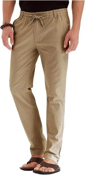 Men's Drawstring Linen Pants Business Casual Work Pant Breathable Lightweight Sweatpants Baggy Slacks Summer Trouser