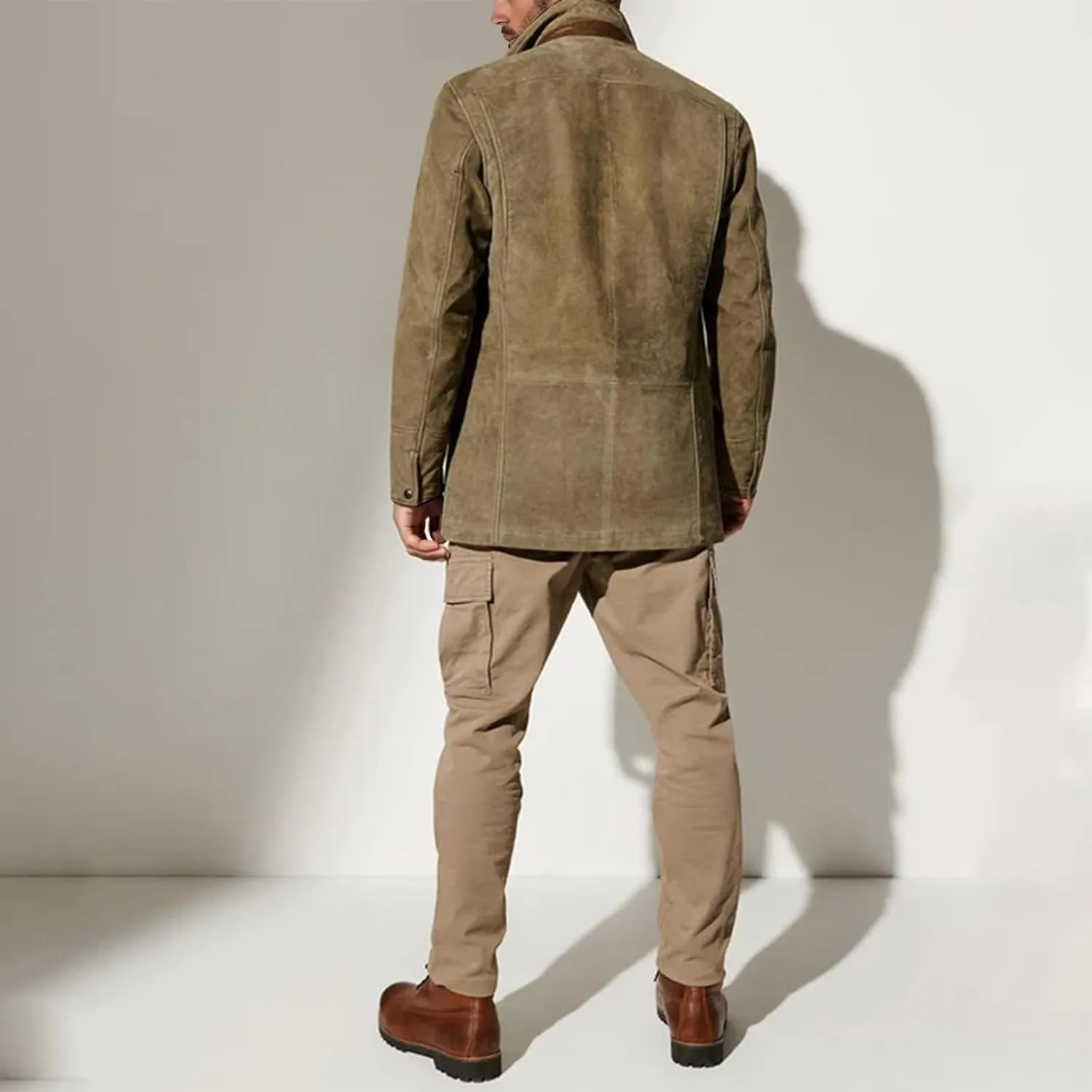 Men's Faux Leather Jacket Double Lapel Casual Work Cargo Jacket Vintage Style Leather Blazer Windproof Coat with Button