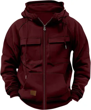 Men's Full-Zip Green Hoodie with Multiple Pockets, Soft Fleece, Adjustable Drawstring Hood, Casual Wear