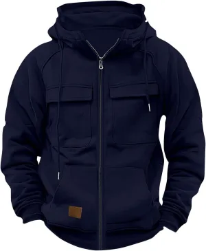 Men's Full-Zip Hoodie with Multiple Pockets, Soft Fleece, Adjustable Drawstring Hood, Casual Wear