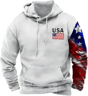 Men's Hoodies Patriotic Pullover USA Flag Print Drawstring Sweatshirts Cargo Long Sleeve Workout Graphic Sweatshirt