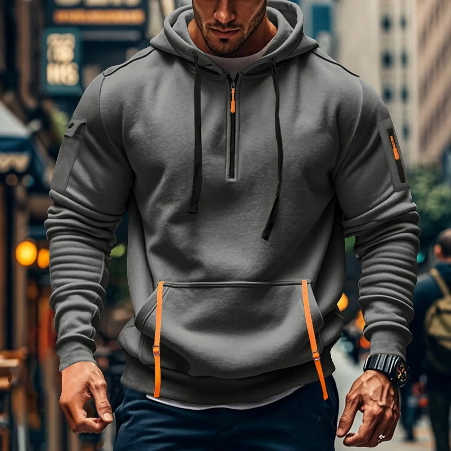 Men's Hoodies Quarter Zip Pullover Vintage Workout Running Active Hoodies with Pockets Military Tactical Sweatshirt