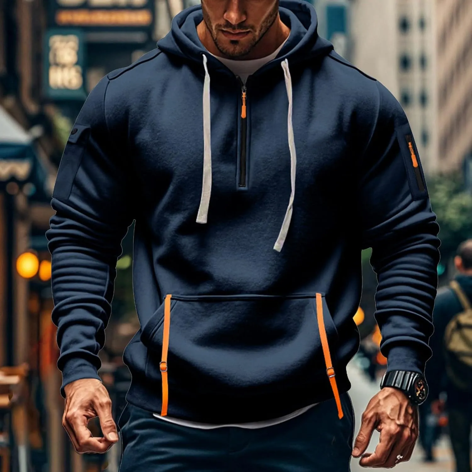 Men's Hoodies Quarter Zip Pullover Vintage Workout Running Active Hoodies with Pockets Military Tactical Sweatshirt