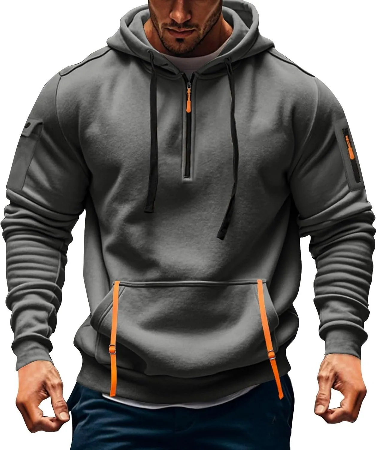 Men's Hoodies Quarter Zip Pullover Vintage Workout Running Active Hoodies with Pockets Military Tactical Sweatshirt