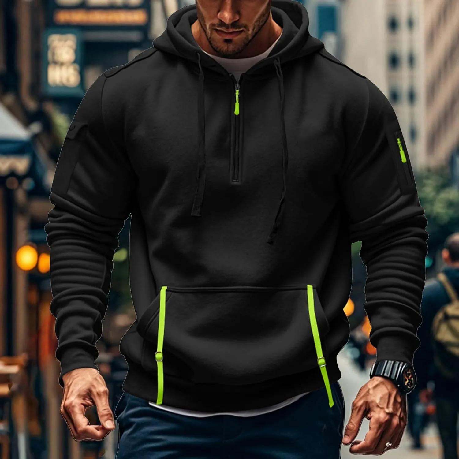 Men's Hoodies Quarter Zip Pullover Vintage Workout Running Active Hoodies with Pockets Military Tactical Sweatshirt