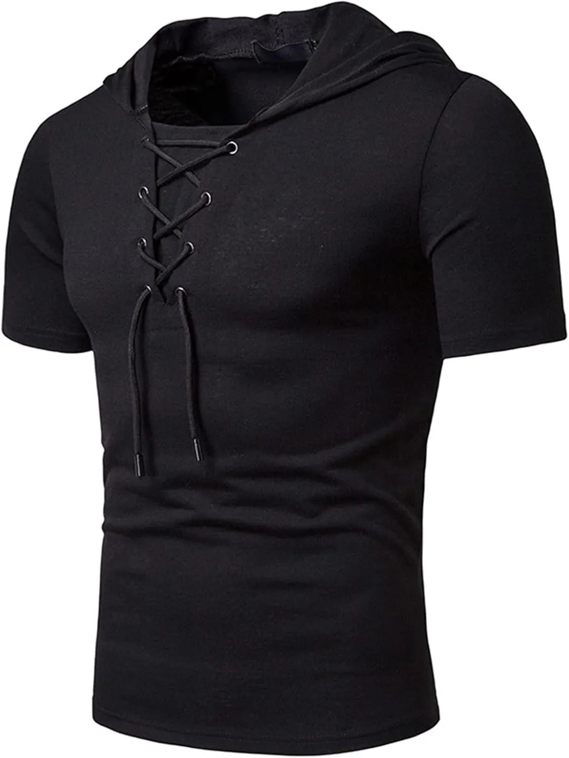 Men's Lace-up Fashion Hoodies Short Sleeve Hooded Solid Color T-Shirt T-Shirt Casual Beach Hippie Tops