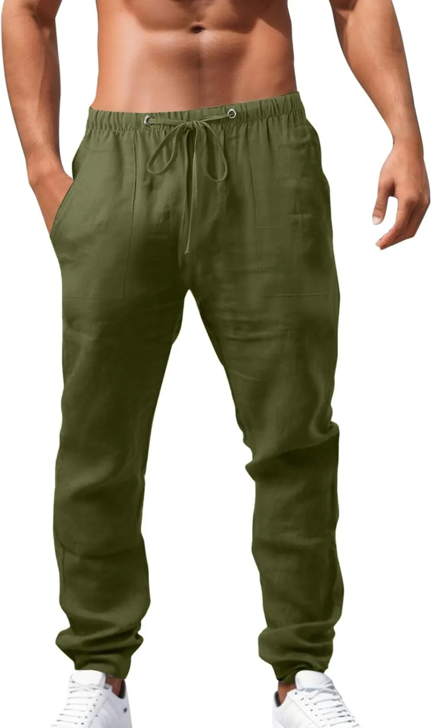 Mens Linen Pants, Drawstring Casual Loose Fit Beach Summer Pants, Solid Color Breathable Lightweight Trousers Yoga Pants