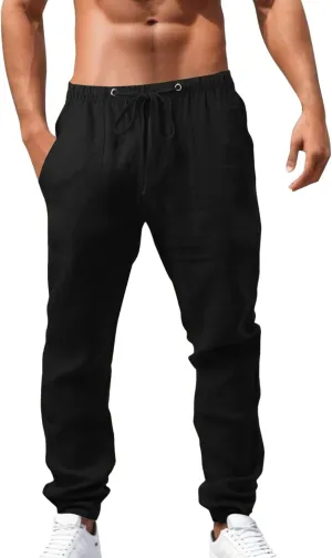 Mens Linen Pants, Drawstring Casual Loose Fit Beach Summer Pants, Solid Color Breathable Lightweight Trousers Yoga Pants
