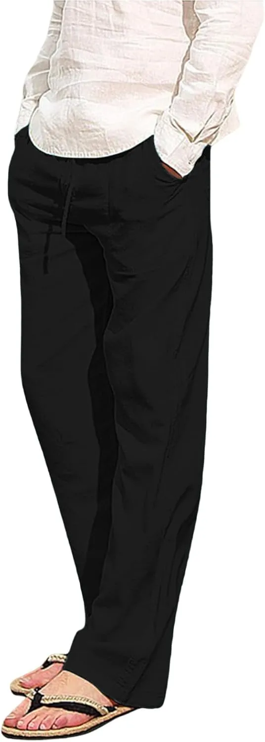 Mens Linen Pants, Drawstring Casual Loose Fit Beach Summer Pants, Solid Color Breathable Lightweight Trousers Yoga Pants