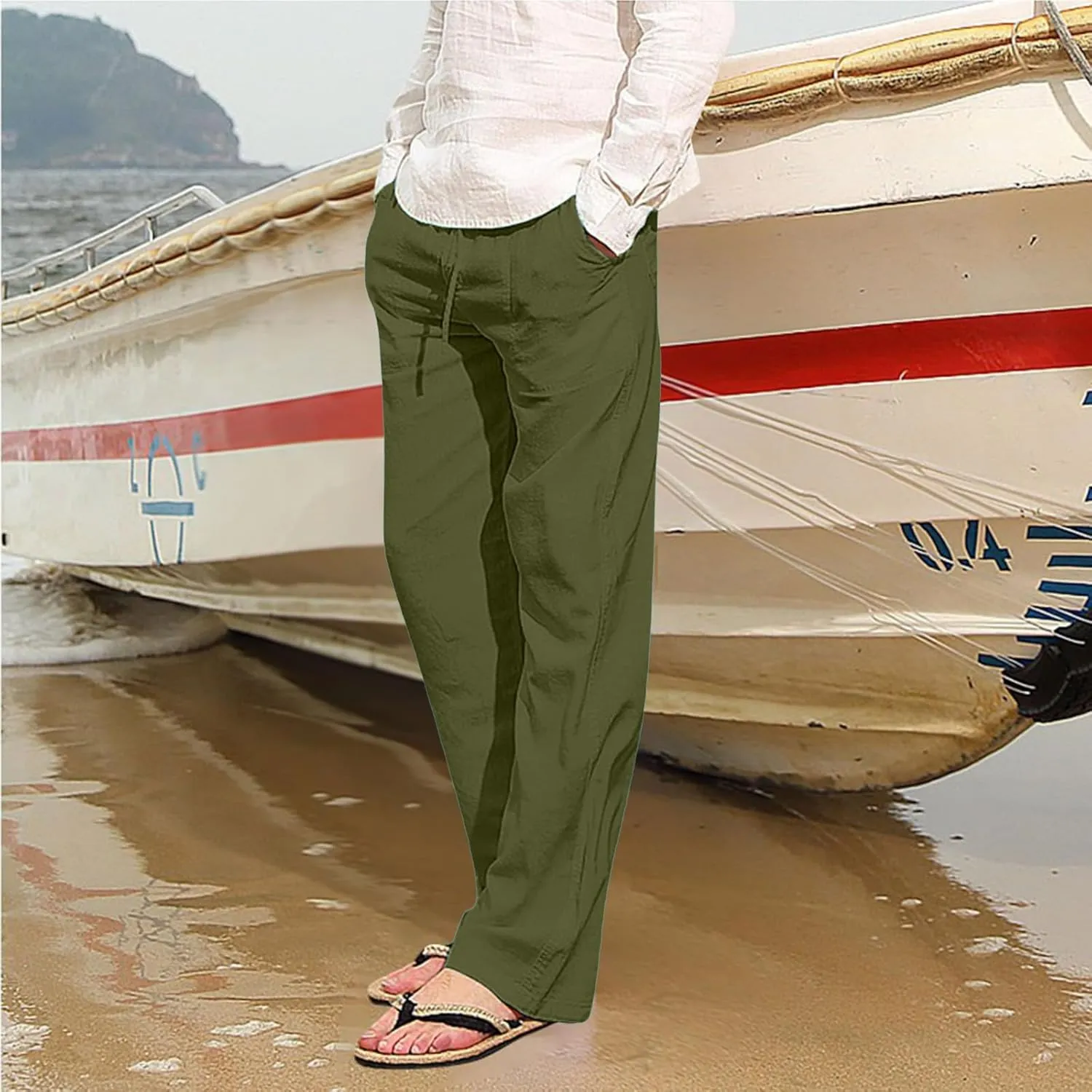 Mens Linen Pants, Drawstring Casual Loose Fit Beach Summer Pants, Solid Color Breathable Lightweight Trousers Yoga Pants
