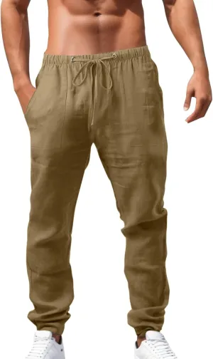 Mens Linen Pants, Drawstring Casual Loose Fit Beach Summer Pants, Solid Color Breathable Lightweight Trousers Yoga Pants