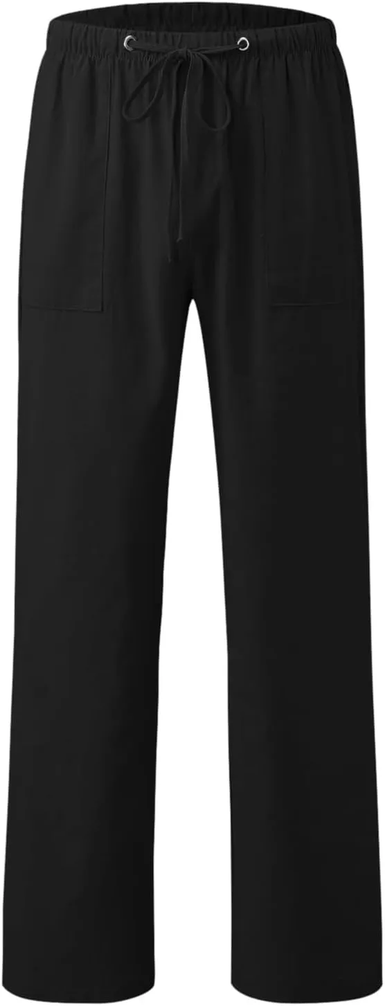 Mens Linen Pants, Drawstring Casual Loose Fit Beach Summer Pants, Solid Color Breathable Lightweight Trousers Yoga Pants
