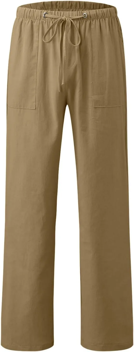 Mens Linen Pants, Drawstring Casual Loose Fit Beach Summer Pants, Solid Color Breathable Lightweight Trousers Yoga Pants