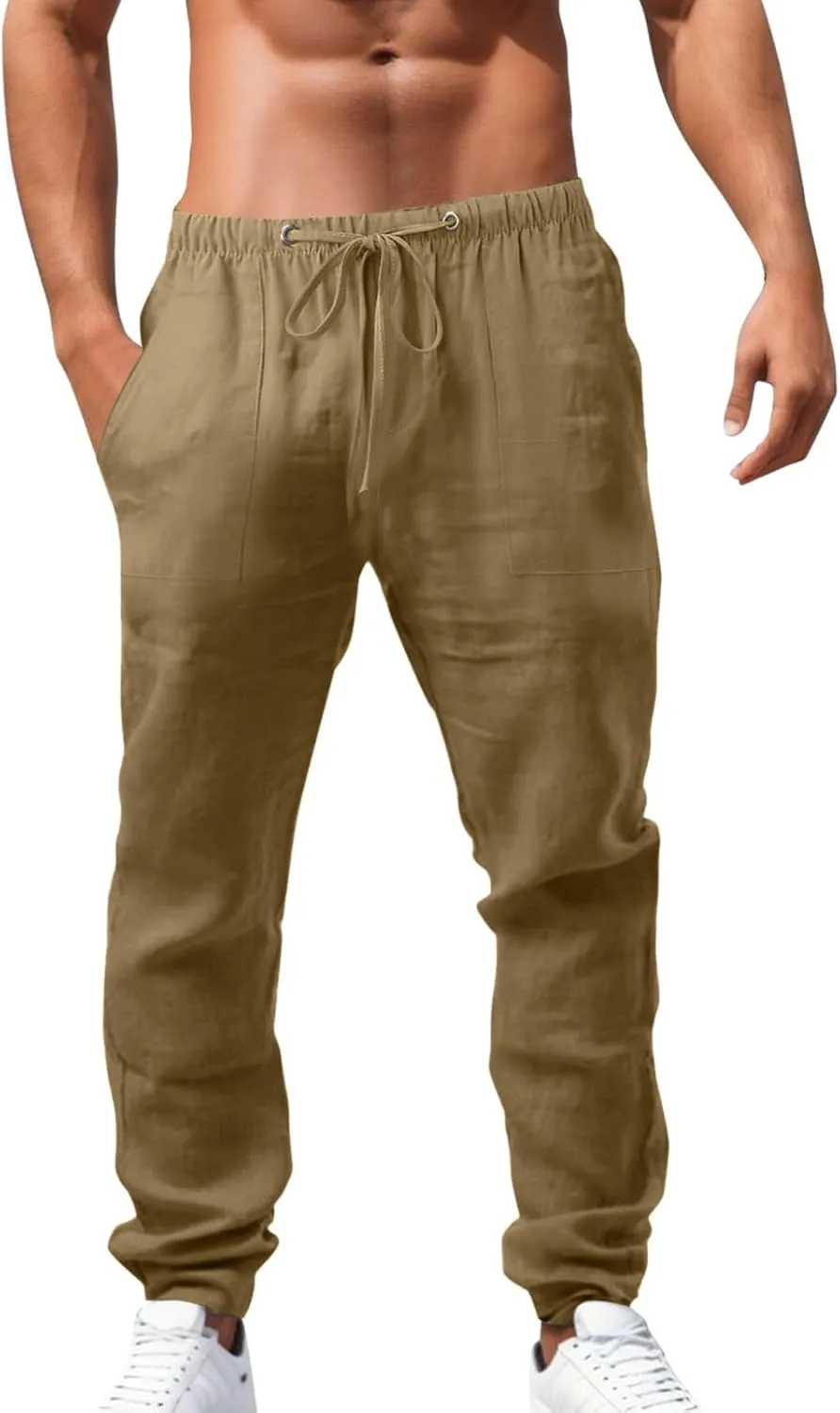 Mens Linen Pants, Drawstring Casual Loose Fit Beach Summer Pants, Solid Color Breathable Lightweight Trousers Yoga Pants