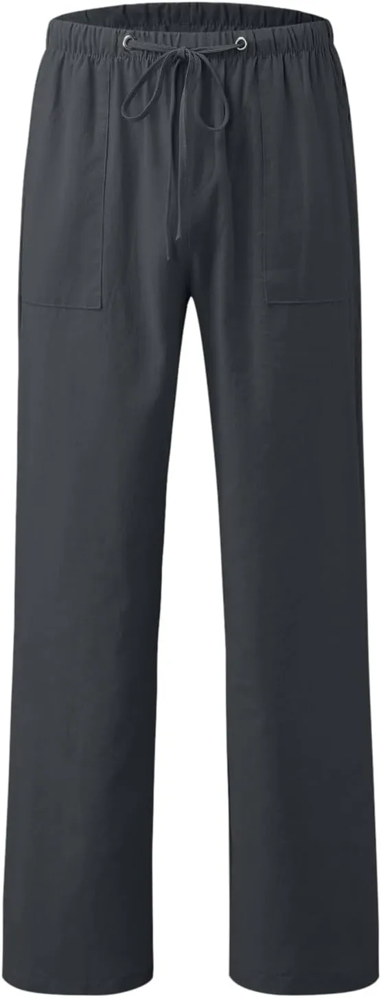 Mens Linen Pants, Drawstring Casual Loose Fit Beach Summer Pants, Solid Color Breathable Lightweight Trousers Yoga Pants