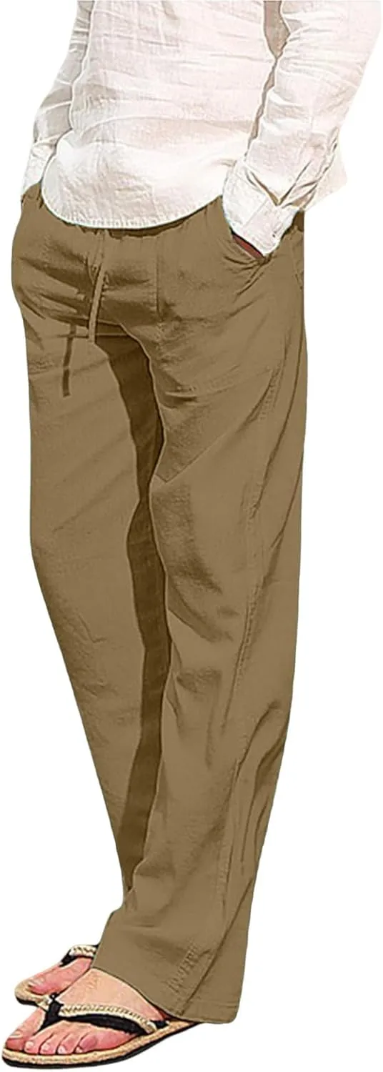 Mens Linen Pants, Drawstring Casual Loose Fit Beach Summer Pants, Solid Color Breathable Lightweight Trousers Yoga Pants