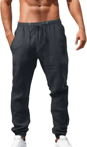 Mens Linen Pants, Drawstring Casual Loose Fit Beach Summer Pants, Solid Color Breathable Lightweight Trousers Yoga Pants