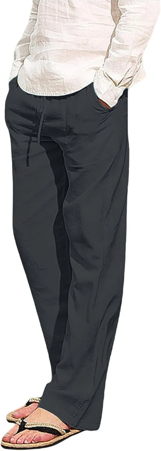 Mens Linen Pants, Drawstring Casual Loose Fit Beach Summer Pants, Solid Color Breathable Lightweight Trousers Yoga Pants