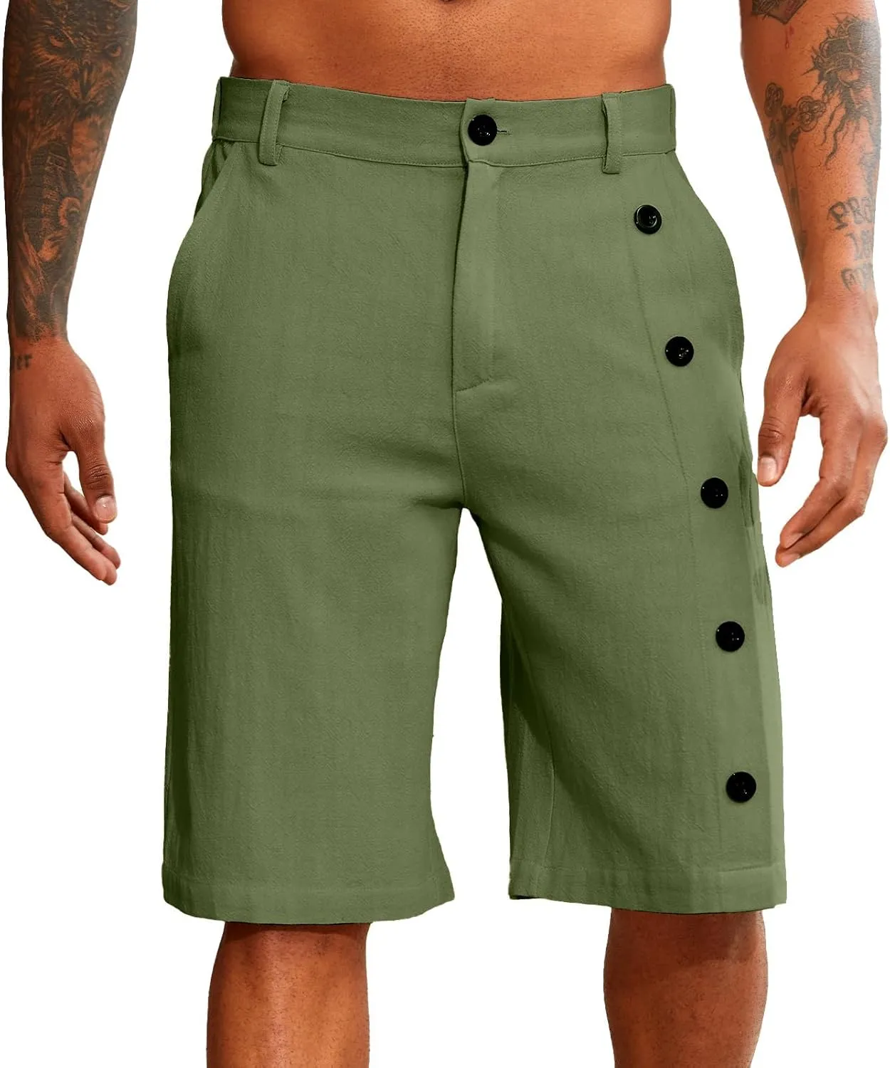 Mens Linen Trunks Stretch Elastic Waist Button Casual Classic Breathable Lightweight Slim Fit Shorts Beach Yoga Pants